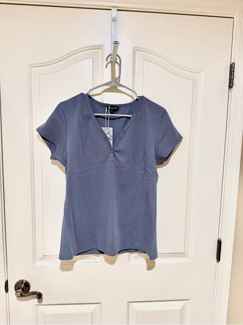 Everyday V-Neck Henley Tee in Slate Blue - Women's Short Sleeve